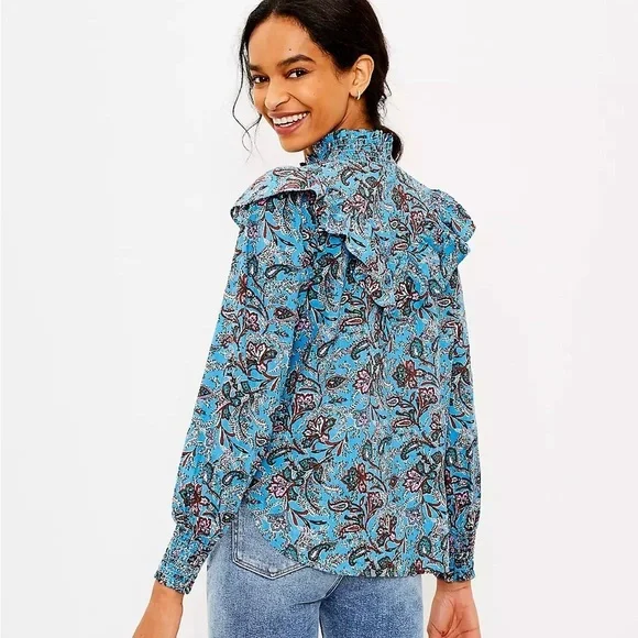 LOFT - BLUE PAISLEY RUFFLE FRONT PLACKET SHIRT - SIZE L - Picture 3 of 6